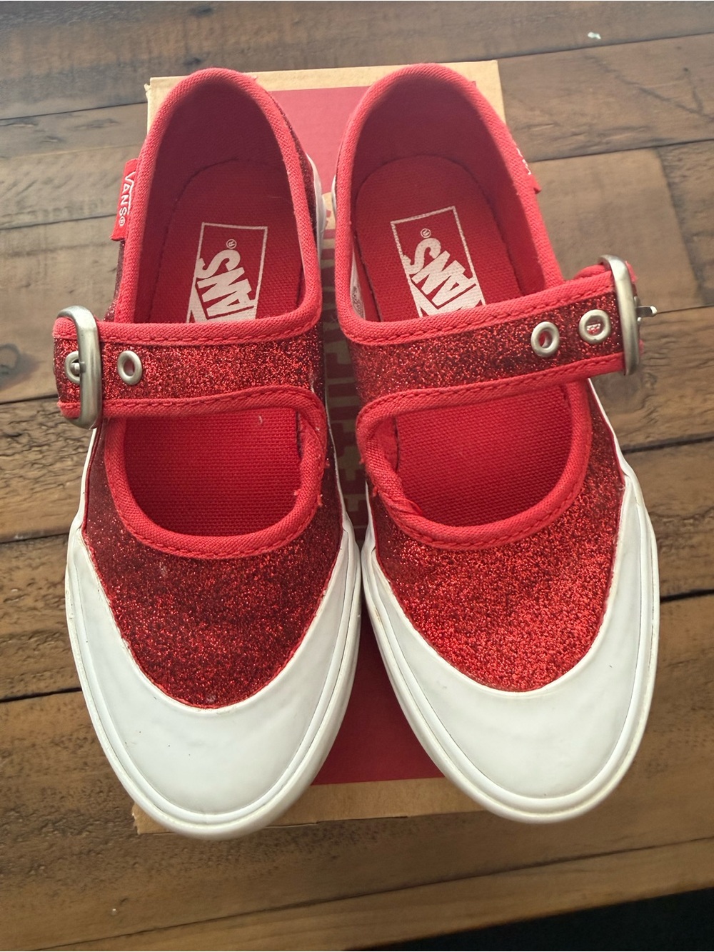 Vans Kids Red Glitter Mary Jane Sneakers with White Soles